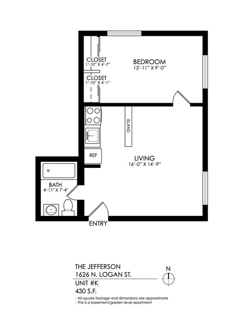A drawing of an apartment layout with a bedroom, living room, bathroom, and entry.
